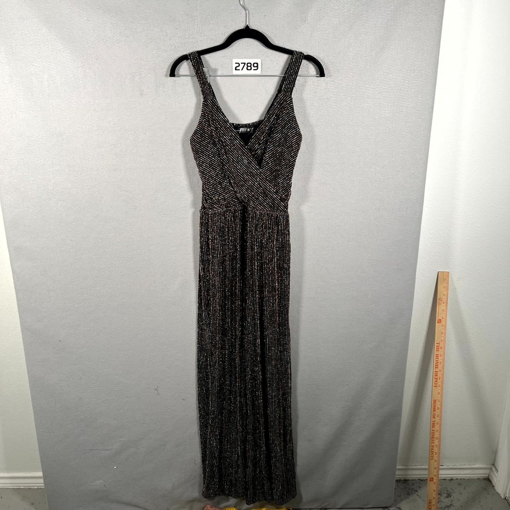 Crystal Doll Jumpsuit Womens Small Gold Black Glitter Knit Surplice Belt Stretch